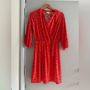 Madison Jules tomato red/navy surplice faux wrap collar dress. Size medium